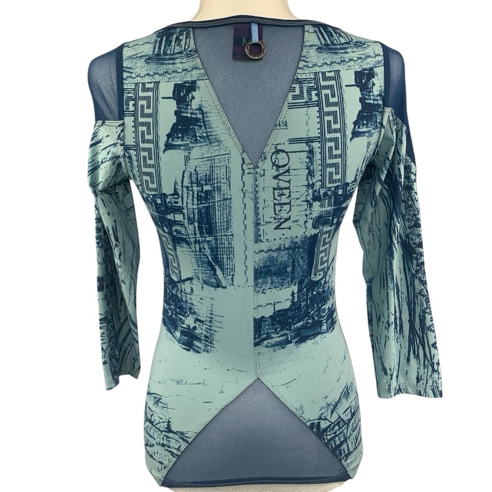 Save the Queen Vintage Graphic Top Sheer Panels Embellished 3/4 Sleeves Blues MS - Picture 12 of 16